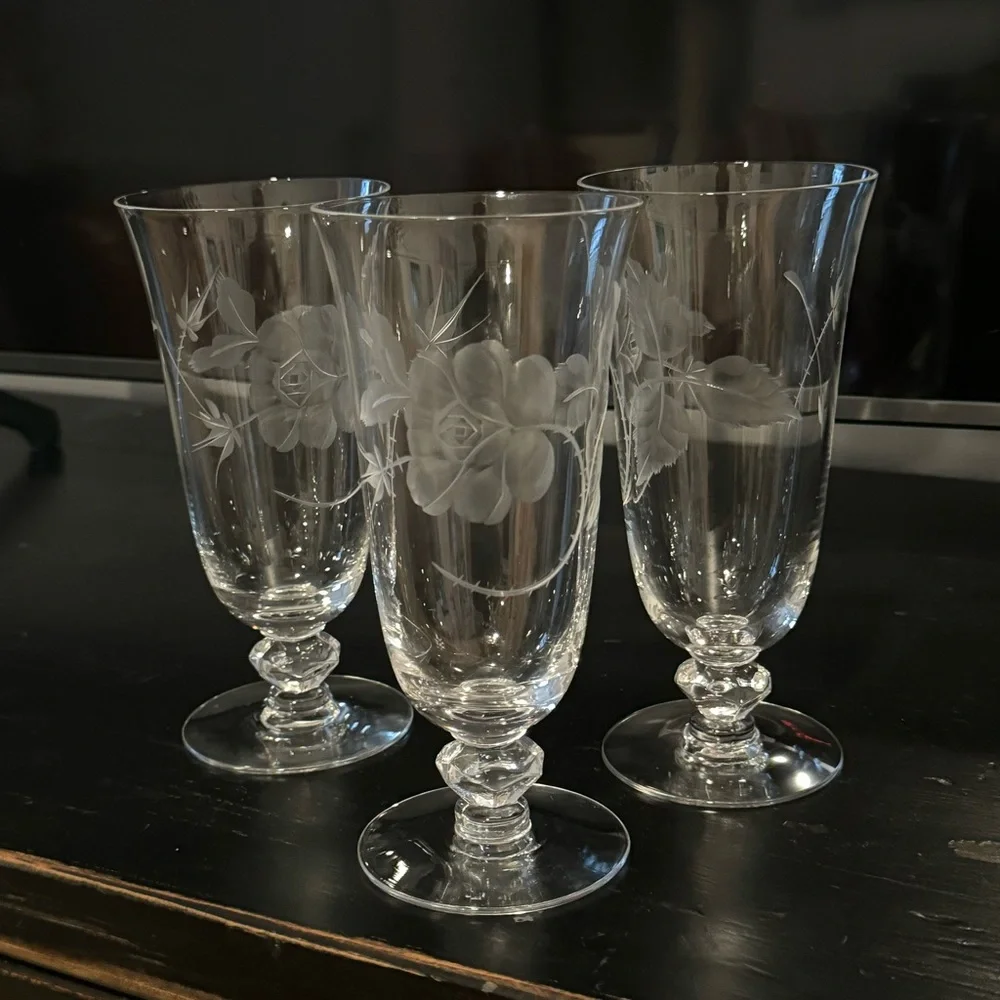 3/ Dolly Madison Rose by HEISEY Stem Iced Tea Footed Tumbler.